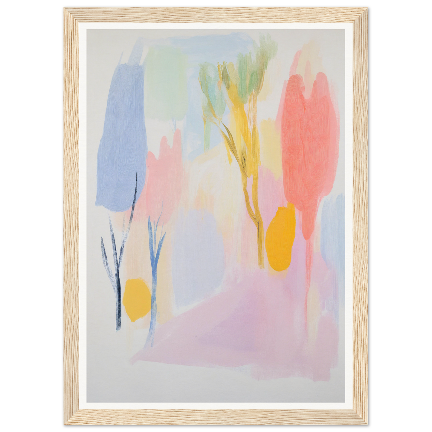 Framed wall art with pastel colors and organic shapes, perfect for room decor.