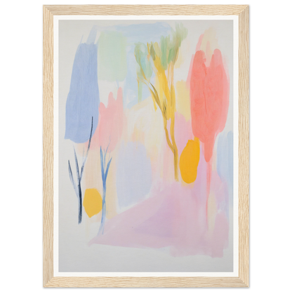 Framed wall art with pastel colors and organic shapes, perfect for room decor.