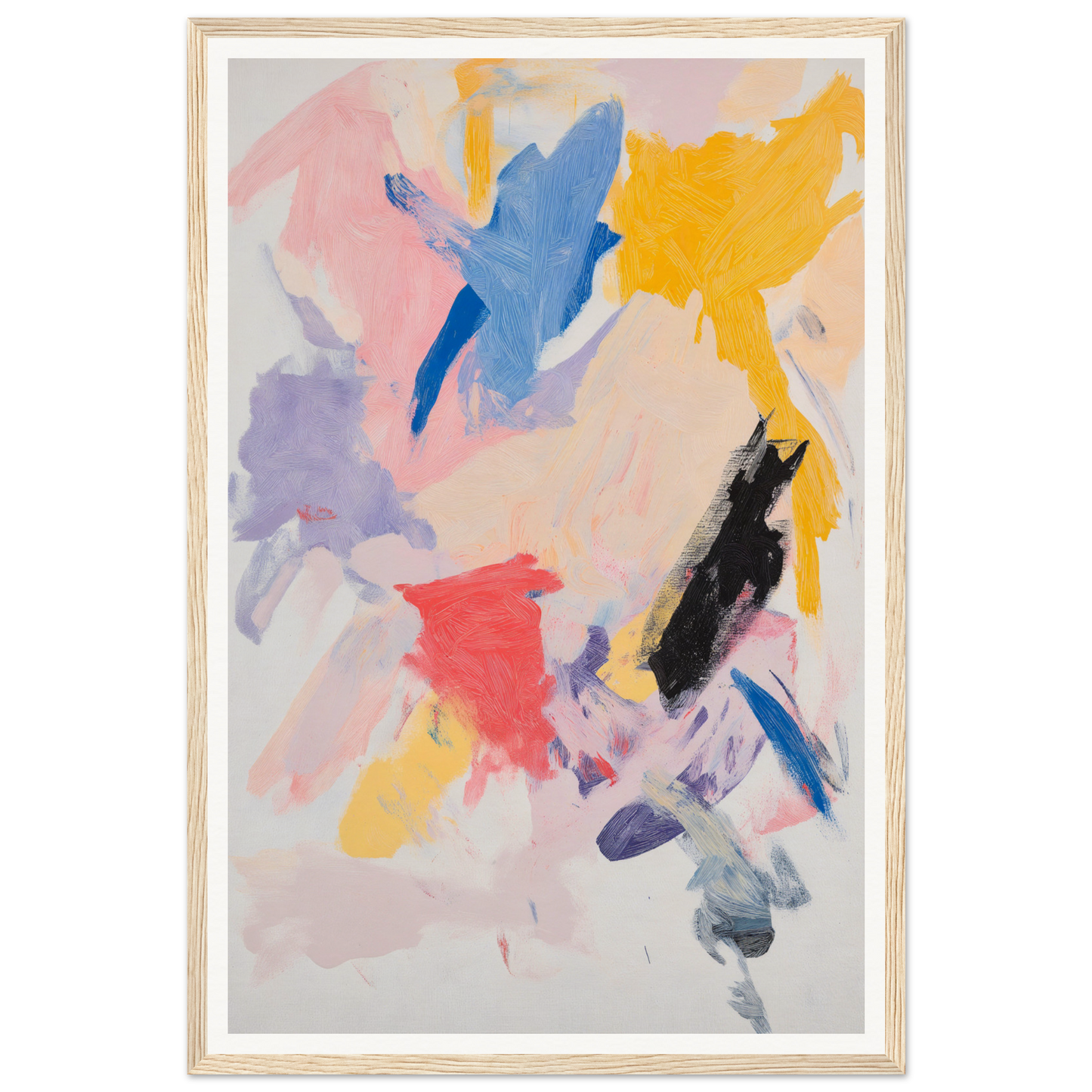 Framed abstract painting with colorful brushstrokes for vibrant room decor.