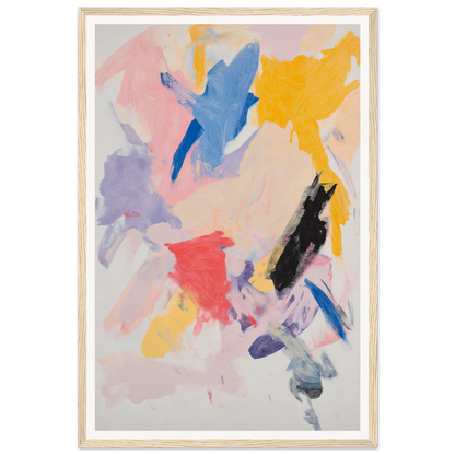 Framed abstract painting with colorful brushstrokes for vibrant room decor.