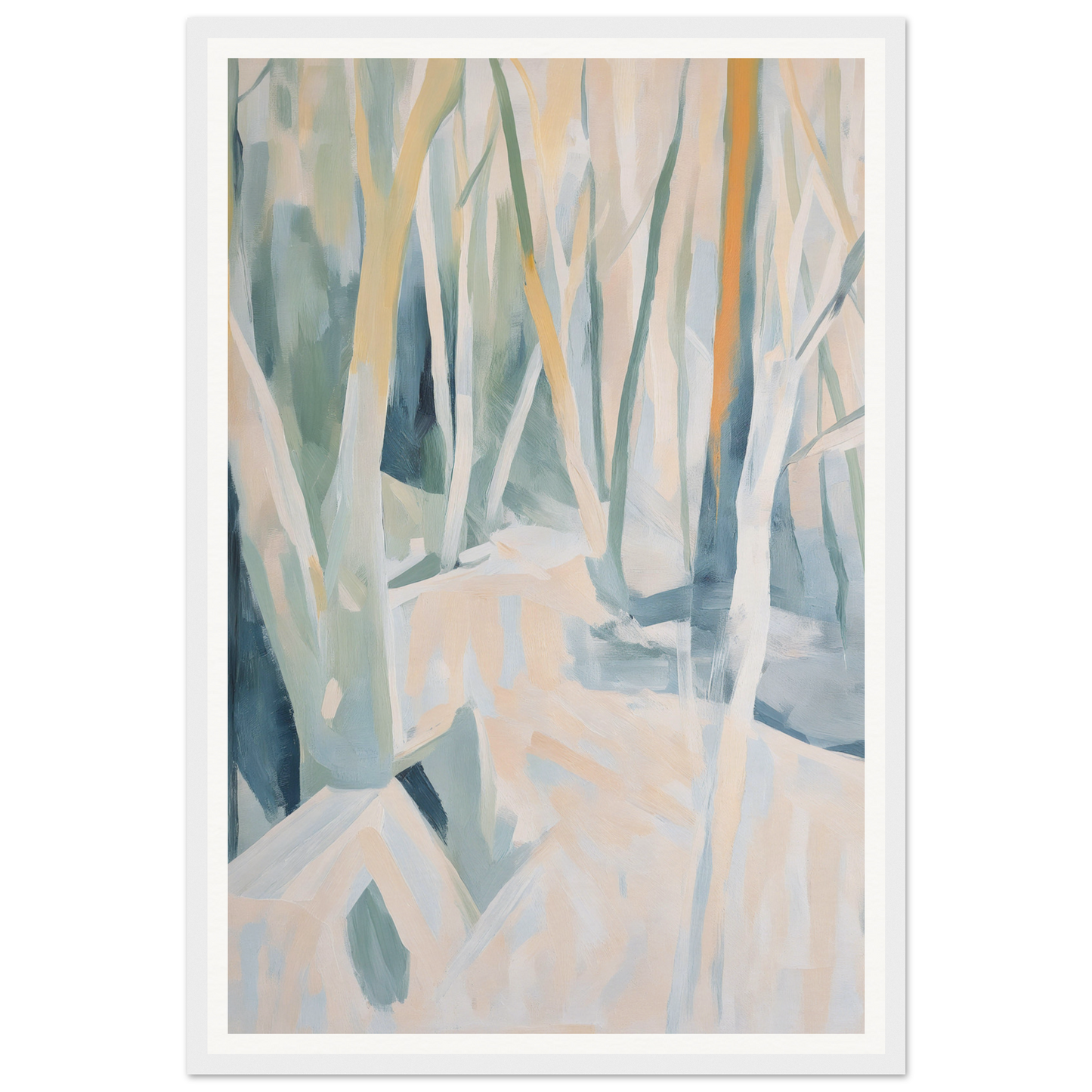 Framed wall art of a forest in soft pastel colors, perfect for interior design.