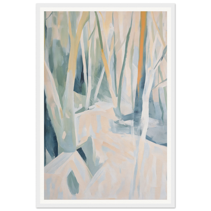 Framed wall art of a forest in soft pastel colors, perfect for interior design.