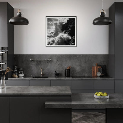 Modern dark gray kitchen with industrial lights and Dance Infernal Embrace artwork