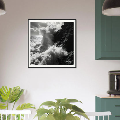 Black and white art print of ocean waves crashing cliffs, part of Dance Infernal Embrace