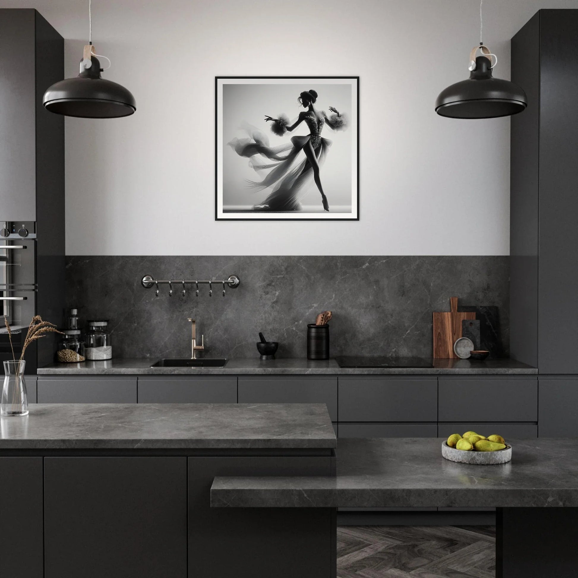 Modern monochromatic kitchen featuring Dancing Lightstreams Afloat as stunning wall art