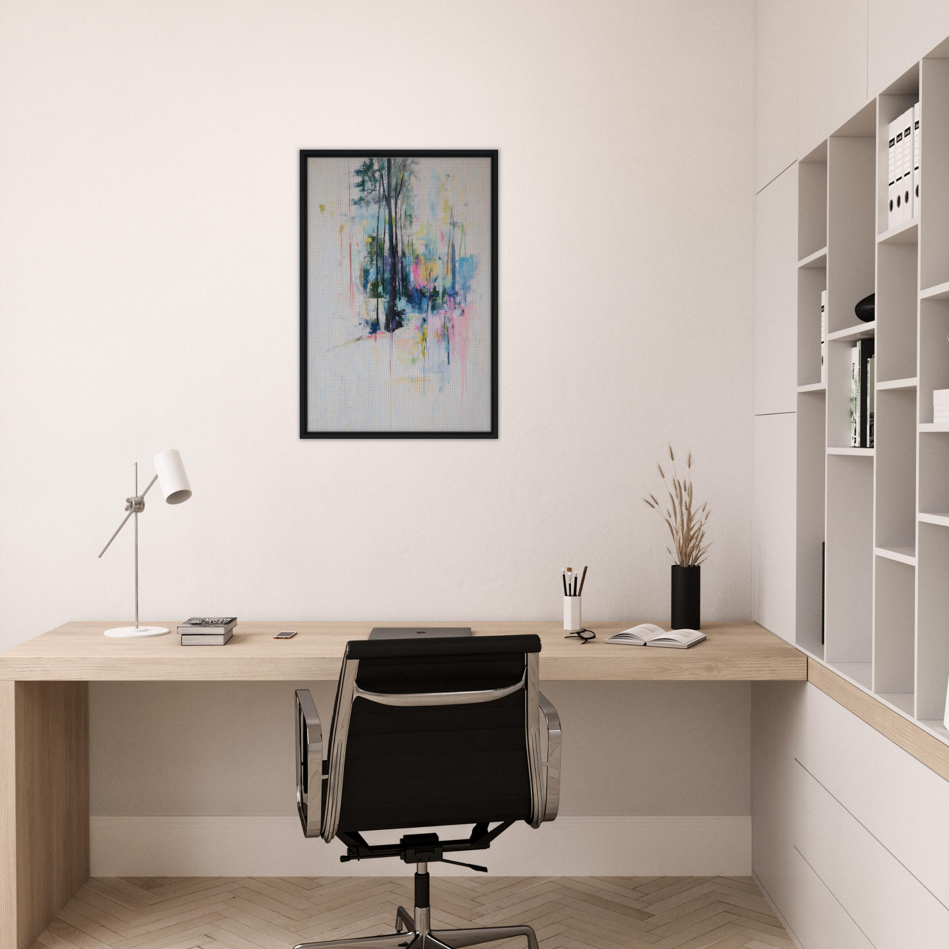Minimalist home office with wooden desk, black chair, and Dancing Quiet Spring wall art