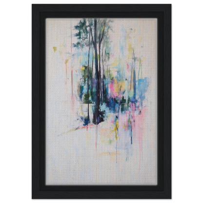 Abstract painting of vertical tree forms with colorful brushstrokes for Dancing Quiet Spring framed canvas room decor