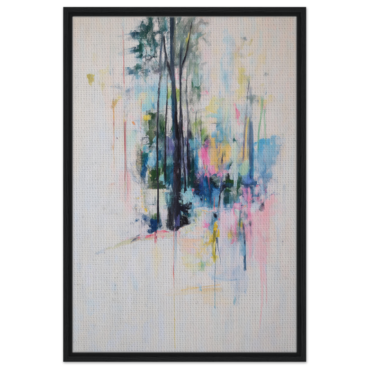 Abstract painting of vertical tree forms with colorful drips, ideal for Dancing Quiet Spring room decor