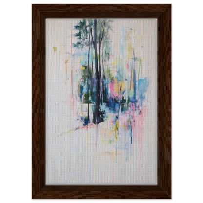 Abstract painting of trees with colorful brushstrokes in a framed canvas for room decor