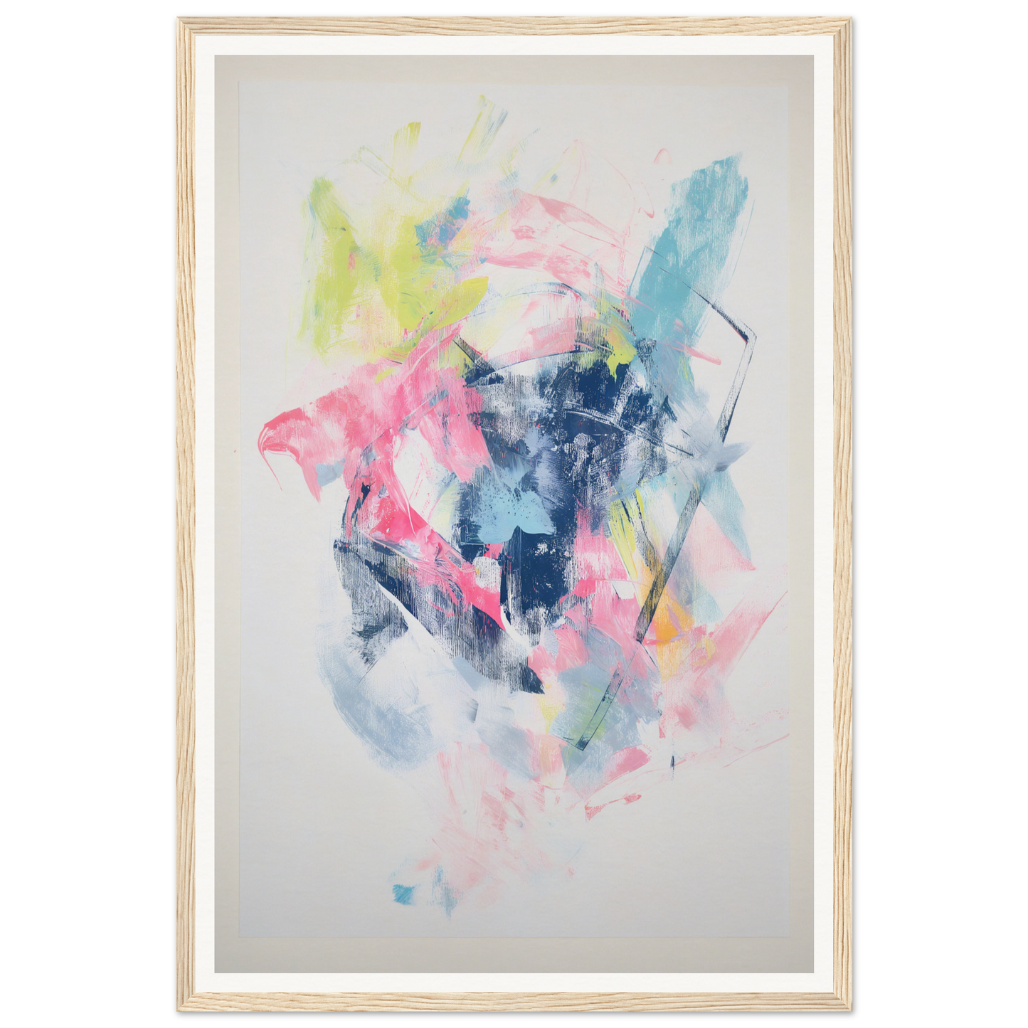 Framed wall art: an abstract painting with pastel bold strokes in pink, blue, yellow, green hues.