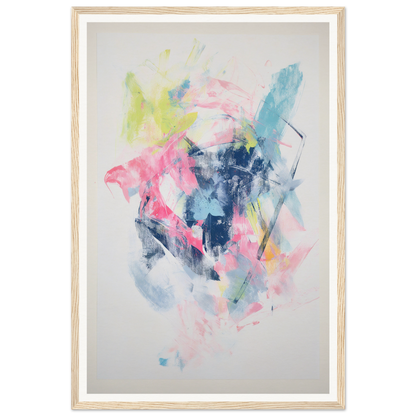 Framed wall art: an abstract painting with pastel bold strokes in pink, blue, yellow, green hues.