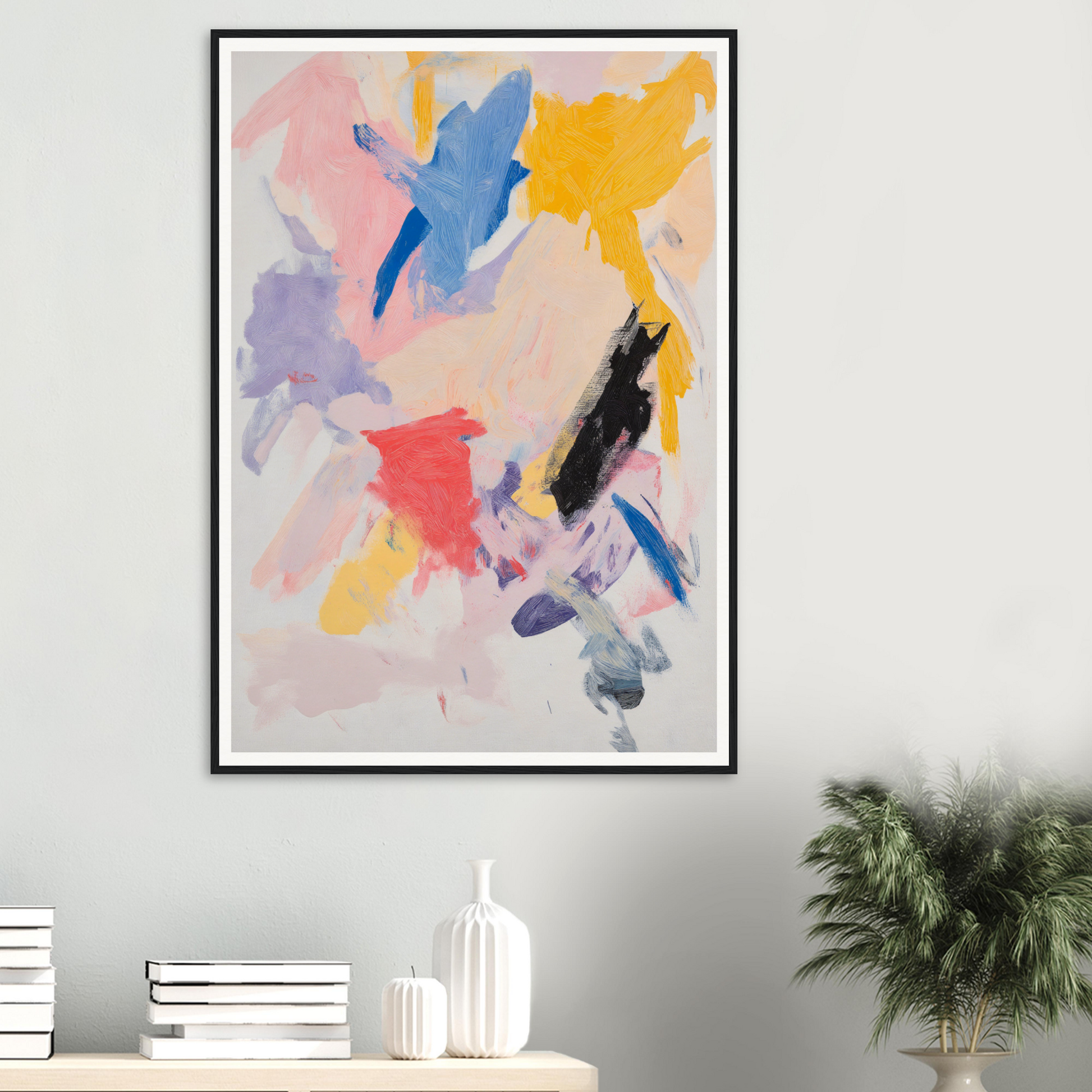 Framed wall art with abstract brushstrokes adds flair to your room decor on a gray wall.