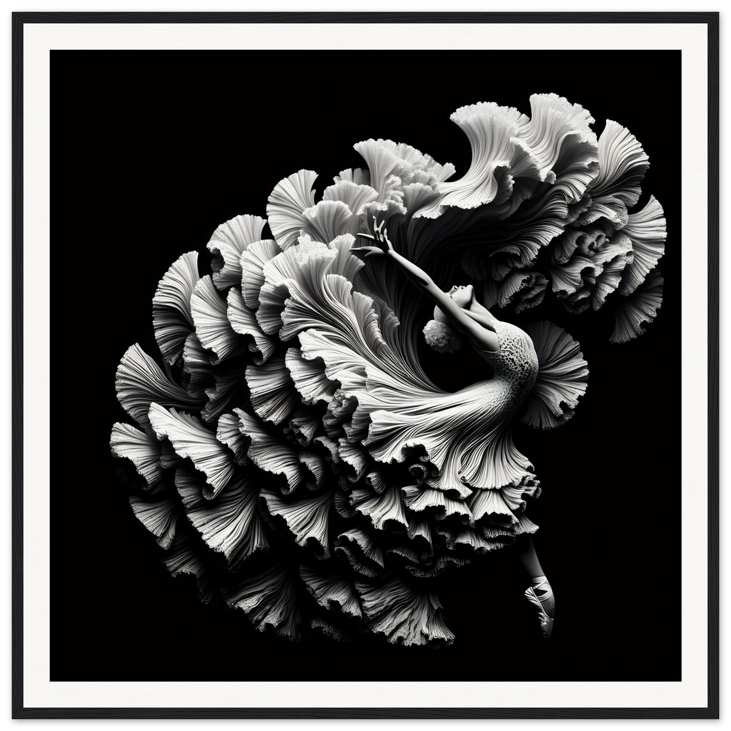 Ruffled carnation flower in black and white from Alchemy in Motion framed posters