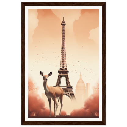 A deer standing in front of the eiff tower