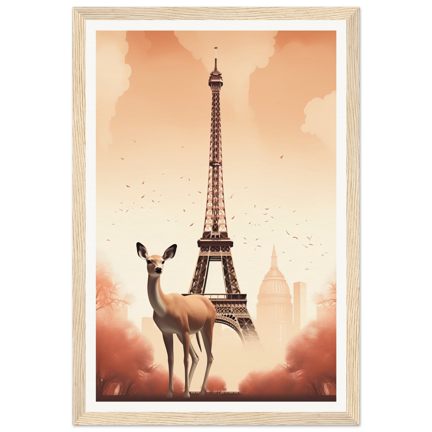 A deer standing in front of the eiff tower