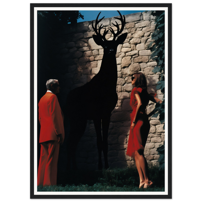 Silhouette of a deer with large antlers cast on a stone wall.