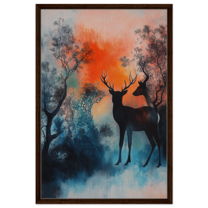 Silhouette of two deer in trees with a colorful sky in Deer Luminance Waltz