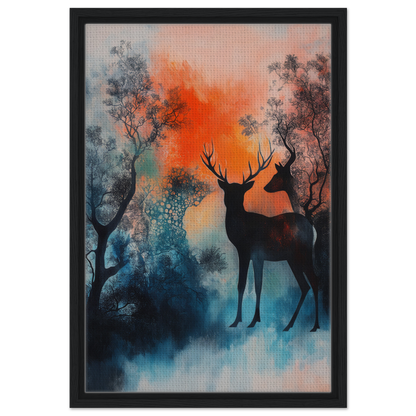 Silhouette of two deer among trees at sunset in Deer Luminance Waltz art piece