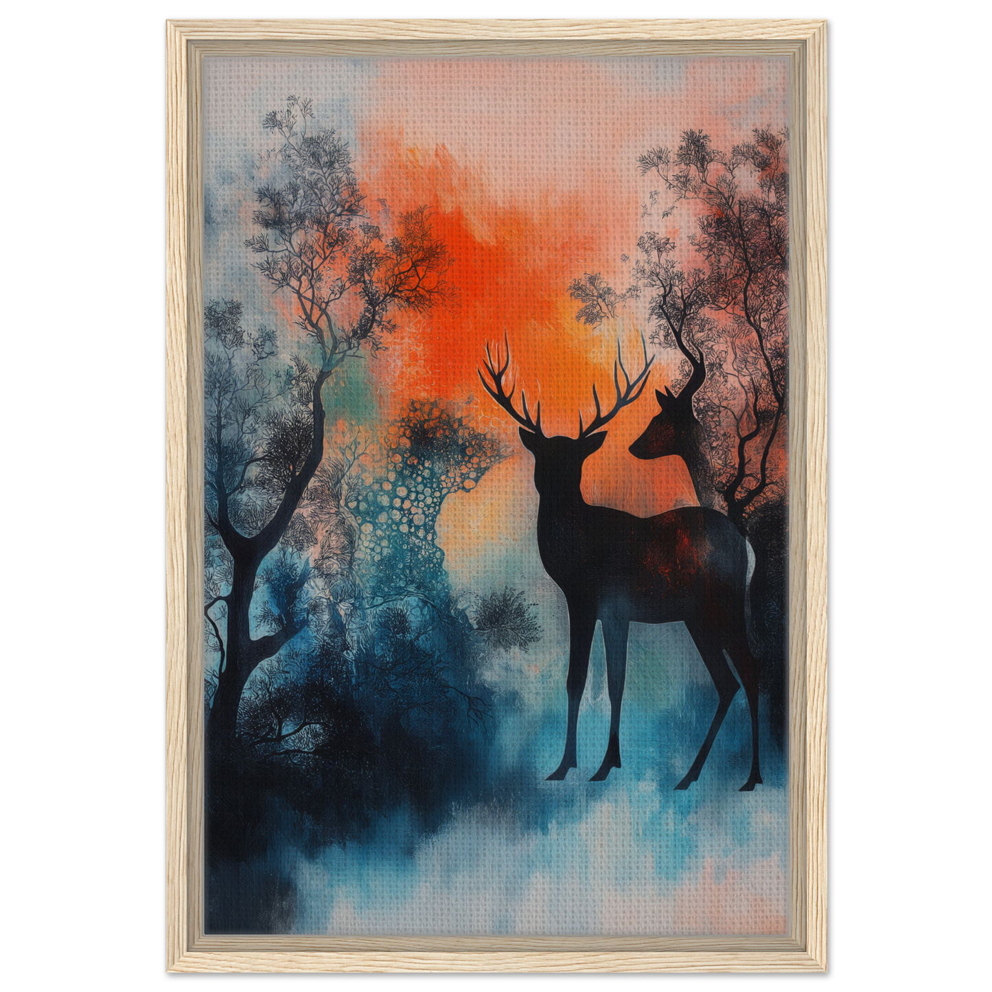 Silhouette of a deer with antlers in a vibrant misty forest for Deer Luminance Waltz