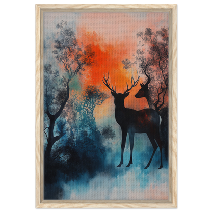 Silhouette of a deer with antlers in a vibrant misty forest for Deer Luminance Waltz