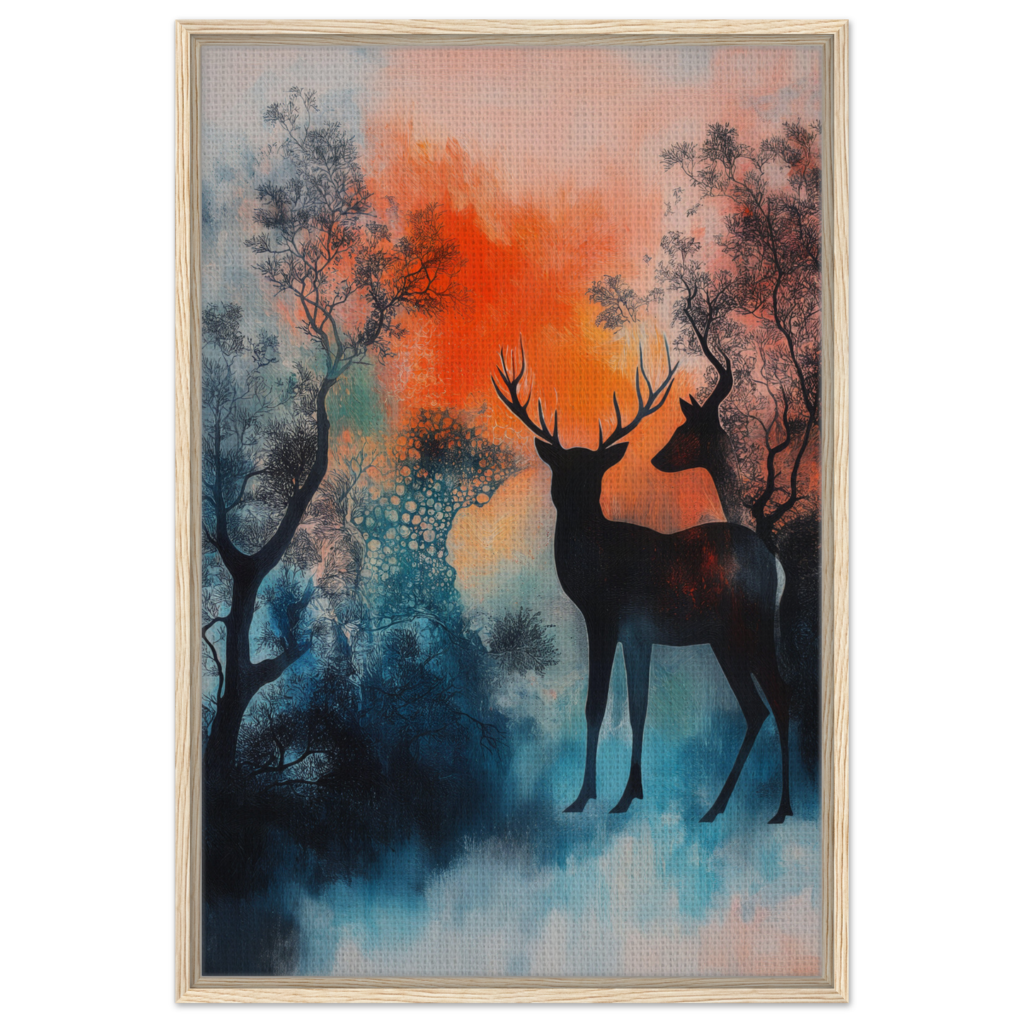 Silhouette of two deer in misty trees at dusk for Deer Luminance Waltz