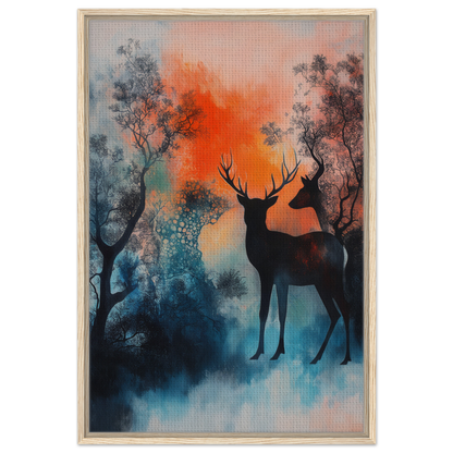 Silhouette of two deer in misty trees at dusk for Deer Luminance Waltz