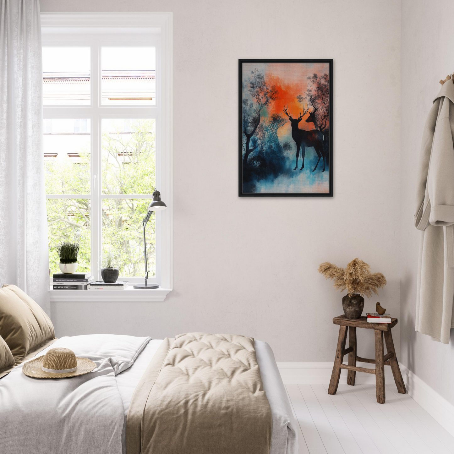 Cozy bedroom featuring white decor and colorful Deer Luminance Waltz artwork