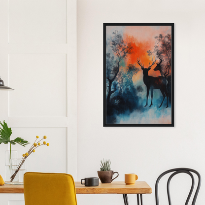 Framed Deer Luminance Waltz artwork featuring a deer silhouette in a vibrant forest sunset