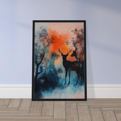 Framed Deer Luminance Waltz artwork featuring a silhouetted deer in a colorful forest