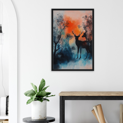 Framed artwork of a silhouetted deer in a colorful forest for Deer Luminance Waltz