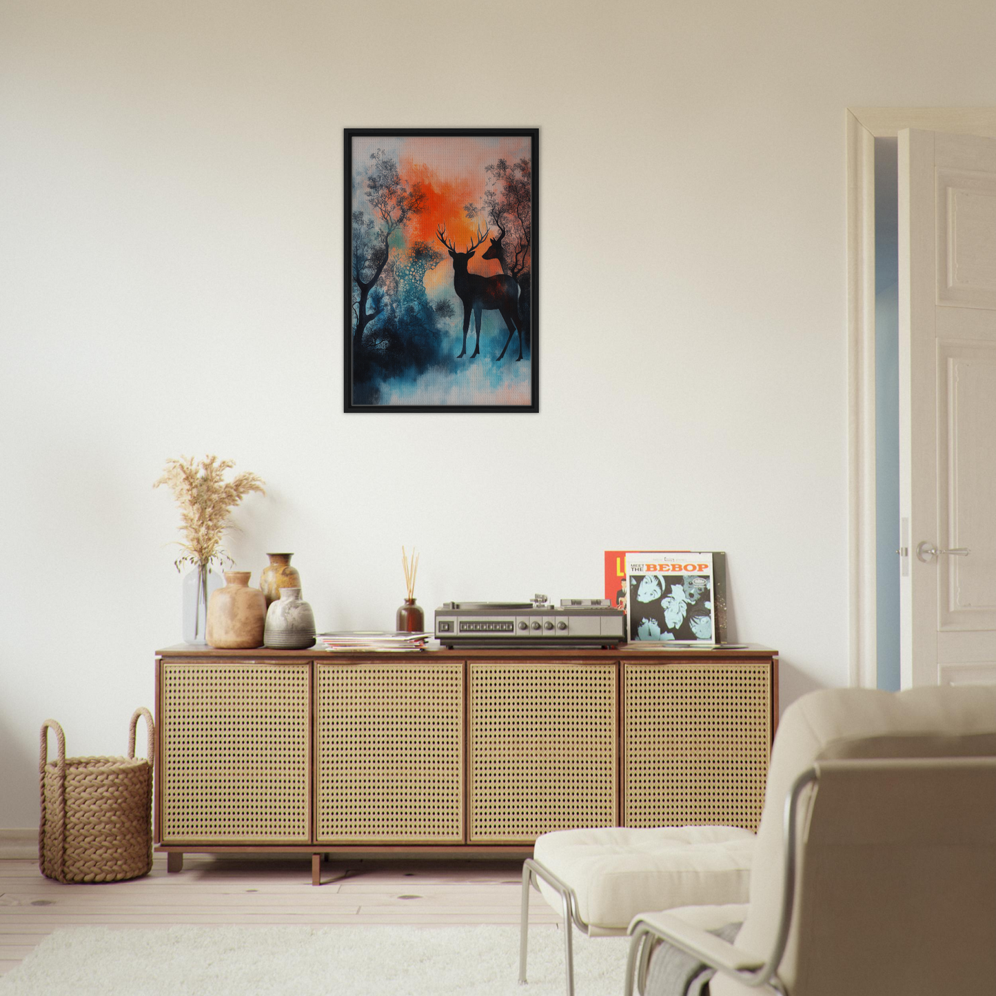 Wooden sideboard with cane-webbed doors showcasing decor from Deer Luminance Waltz