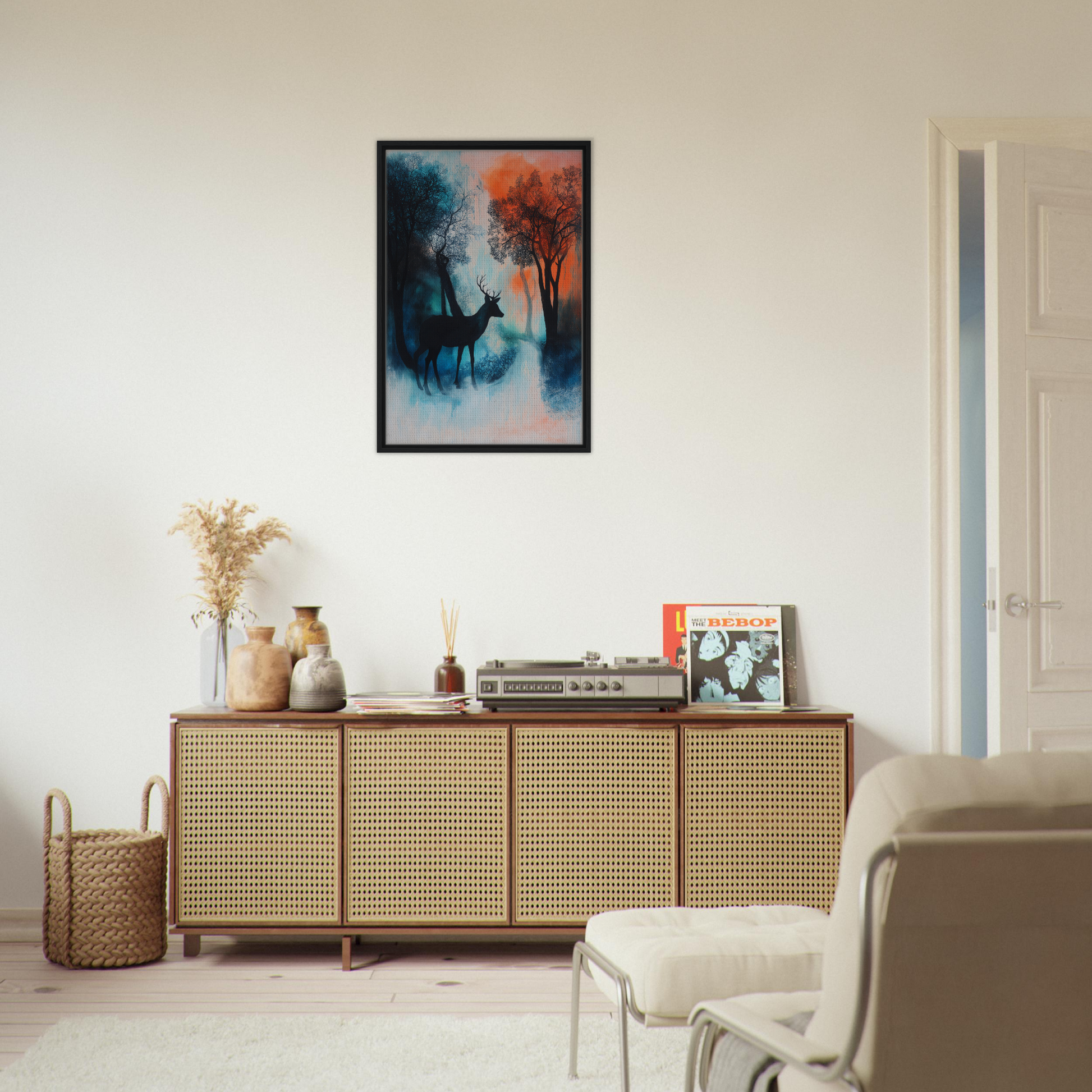 Wooden sideboard with cane-webbed doors and decor from Deer’s Twilight Euphoria