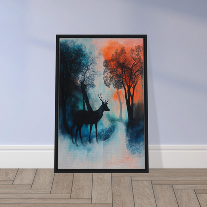 Framed canvas print of a deer silhouette in a colorful forest, Deer’s Twilight Euphoria