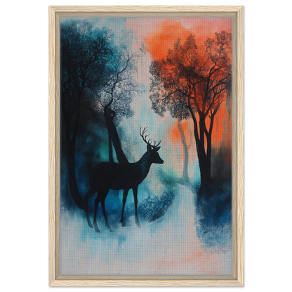 Silhouette of a deer in a misty forest for Deer’s Twilight Euphoria canvas print