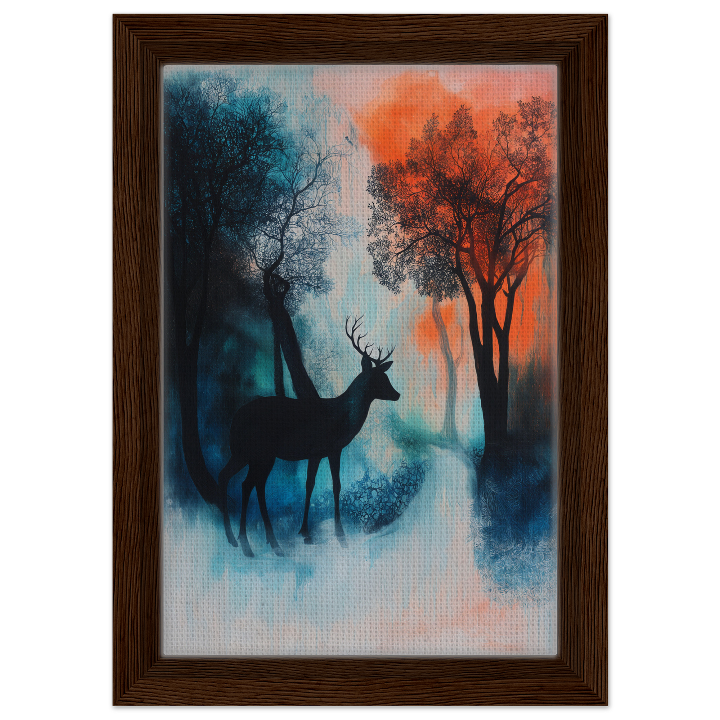 Silhouette of a deer in a misty, colorful forest - Deer’s Twilight Euphoria room decor