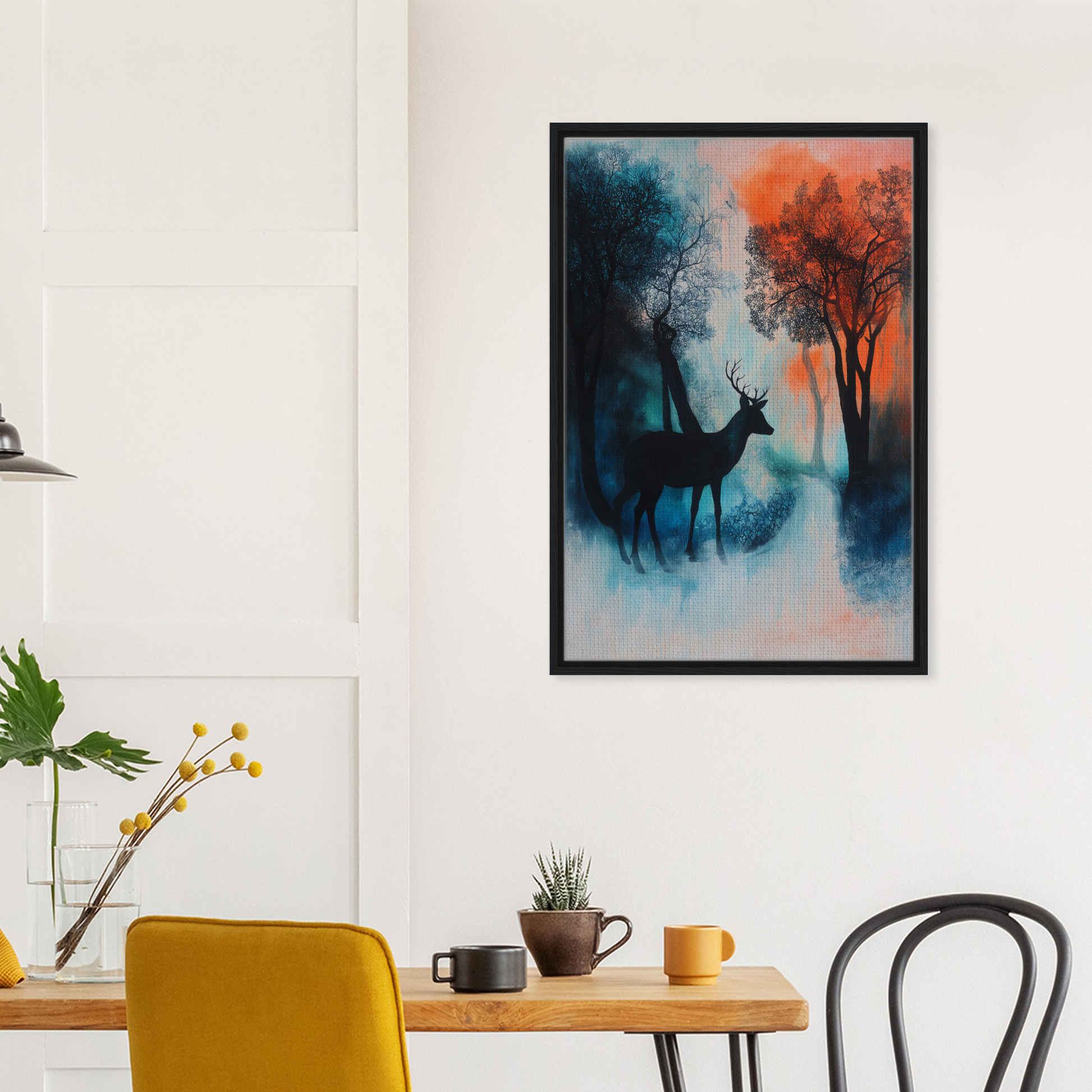 Framed artwork of a deer silhouette in misty forest, ideal for Deer’s Twilight Euphoria room decor