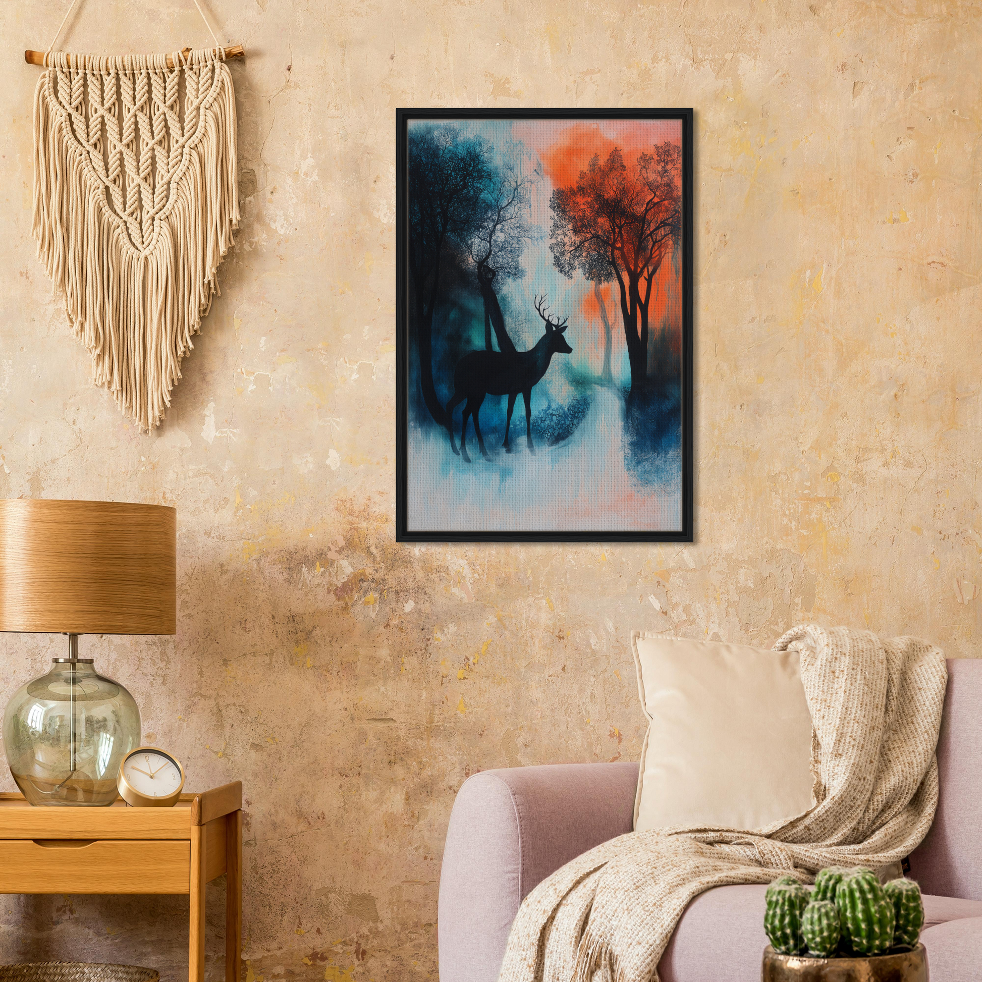 Framed canvas print of deer’s twilight euphoria in a misty forest with vivid colors