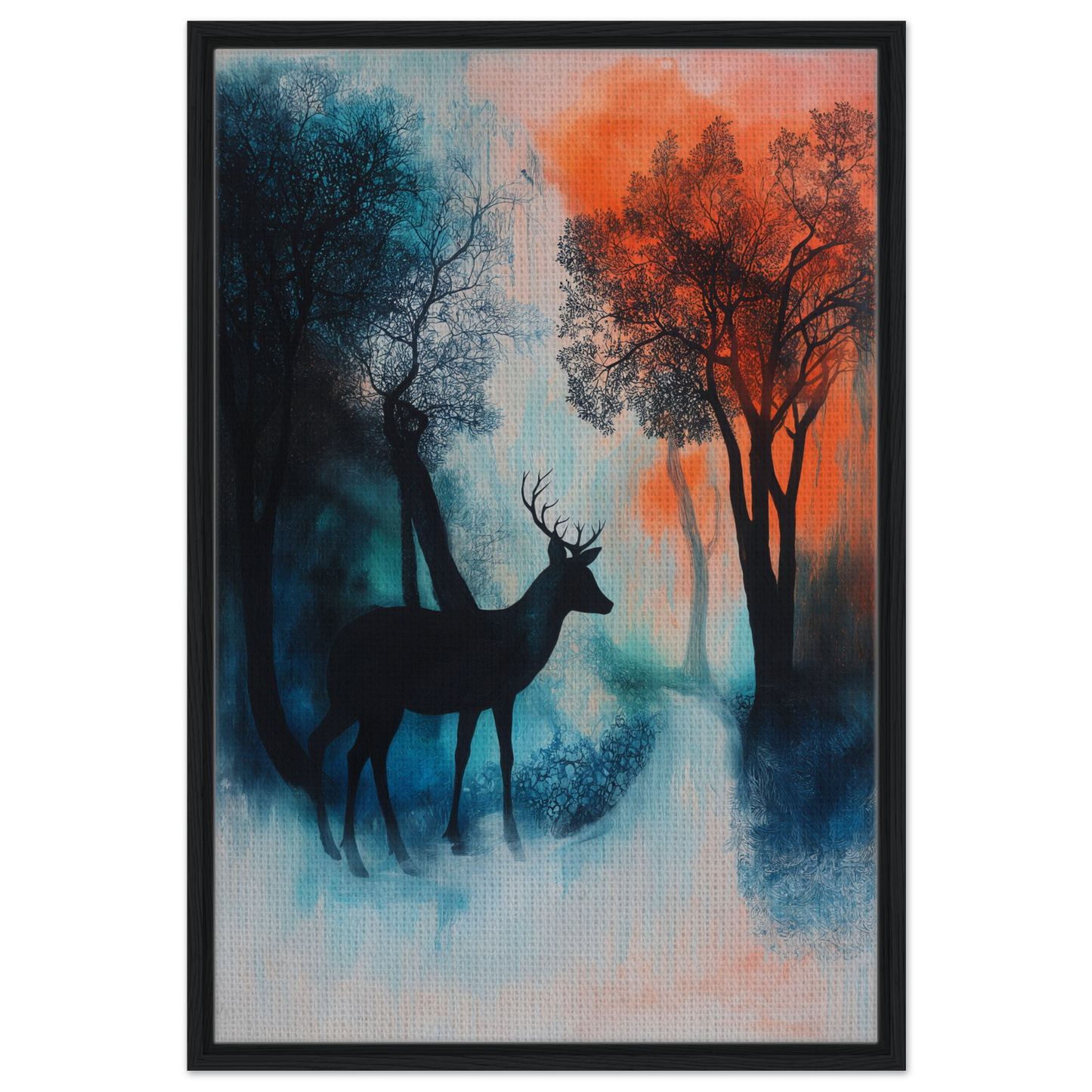 Silhouette of a deer in misty trees, perfect for Deer’s Twilight Euphoria room decor