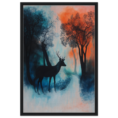 Silhouette of a deer in misty trees, perfect for Deer’s Twilight Euphoria room decor