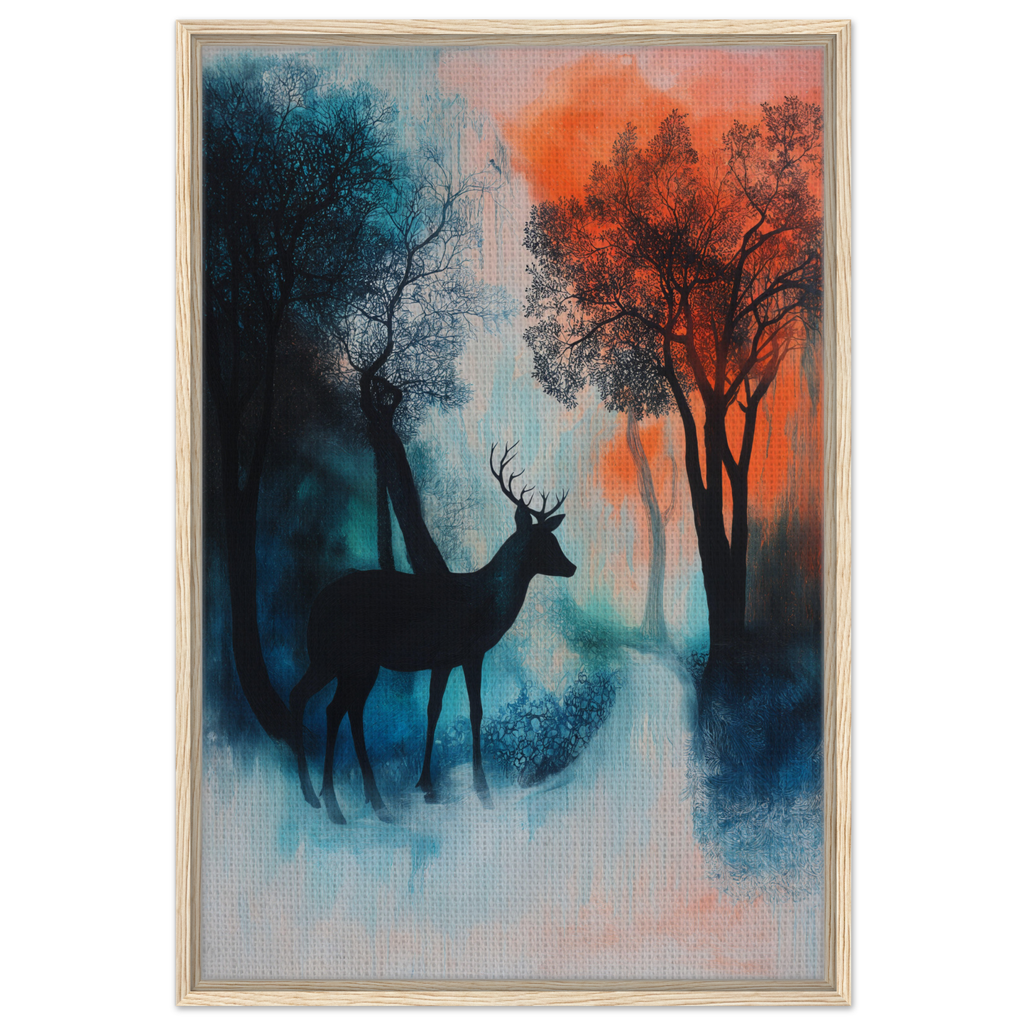 Silhouette of a deer in misty trees, perfect for deer’s twilight euphoria room decor