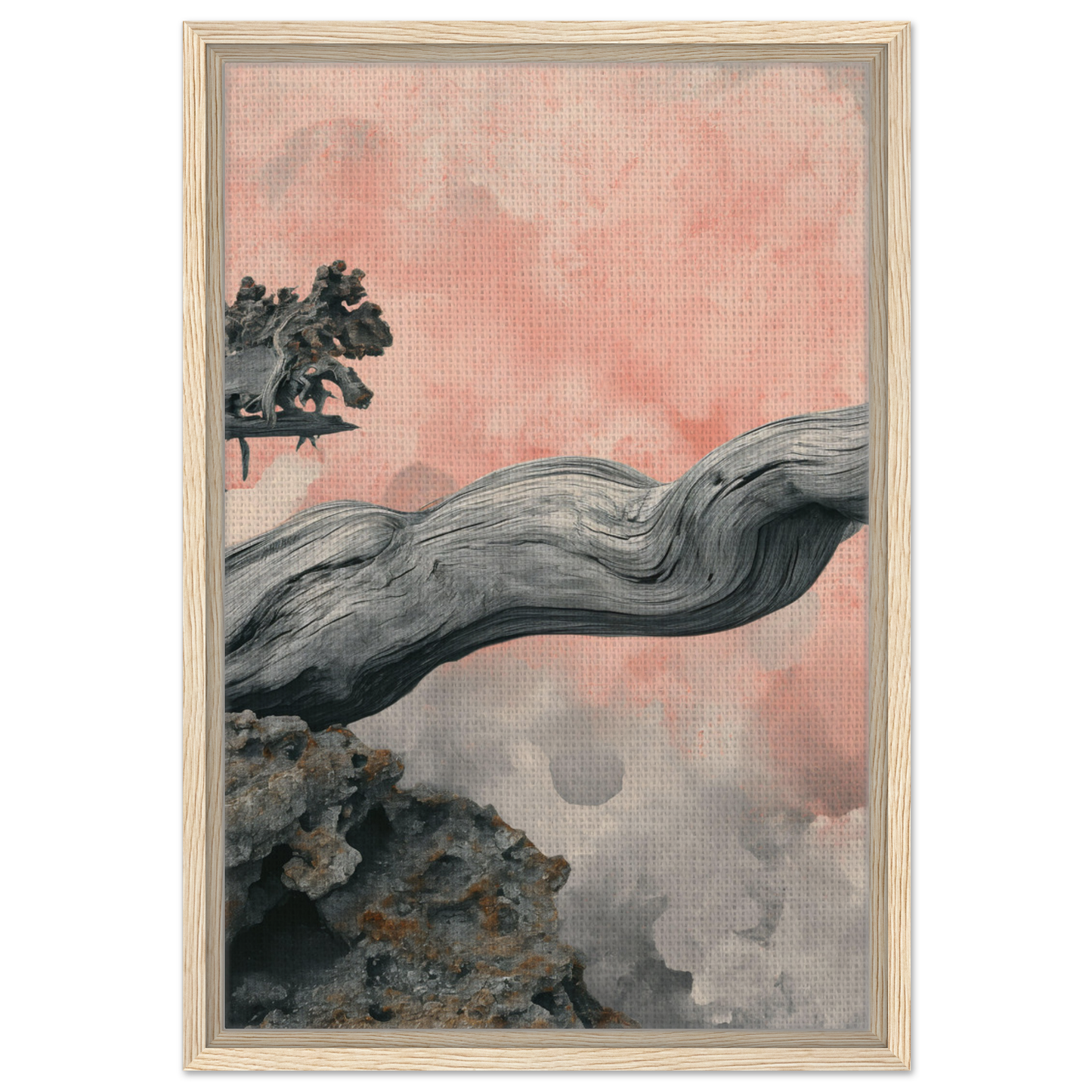 Curved gnarled tree branch on a Delicate Drift Reverie framed canvas print