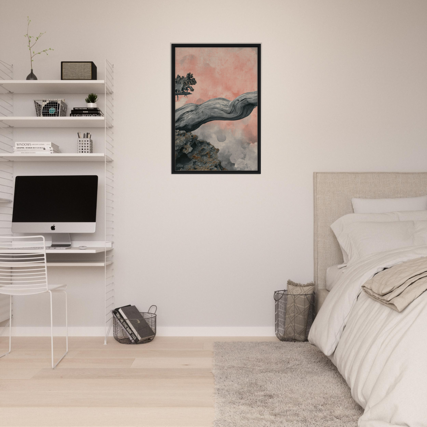 Framed artwork of a whale-like creature in clouds for Delicate Drift Reverie room decor