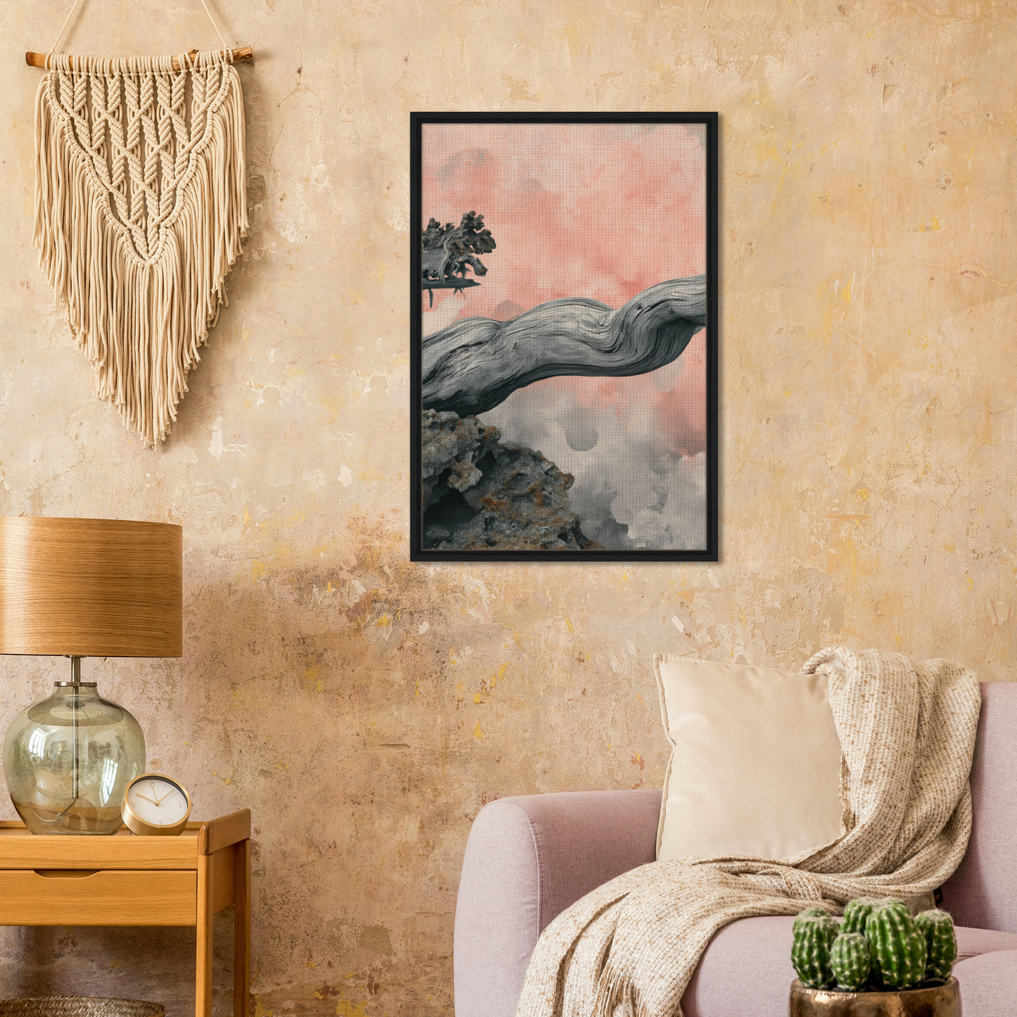 Framed artwork of a gray rock formation and pink sky for Delicate Drift Reverie room decor