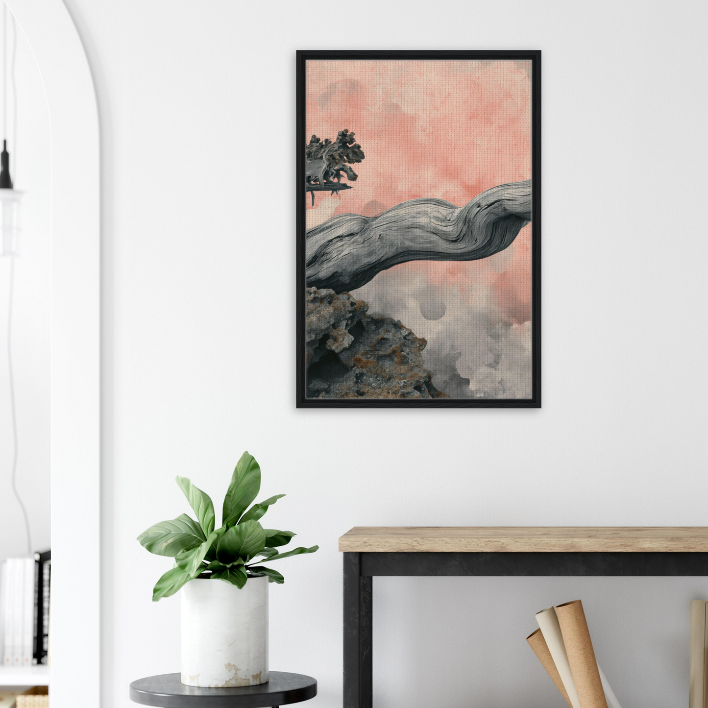 Surreal landscape artwork in Delicate Drift Reverie framed canvas print with pink sky