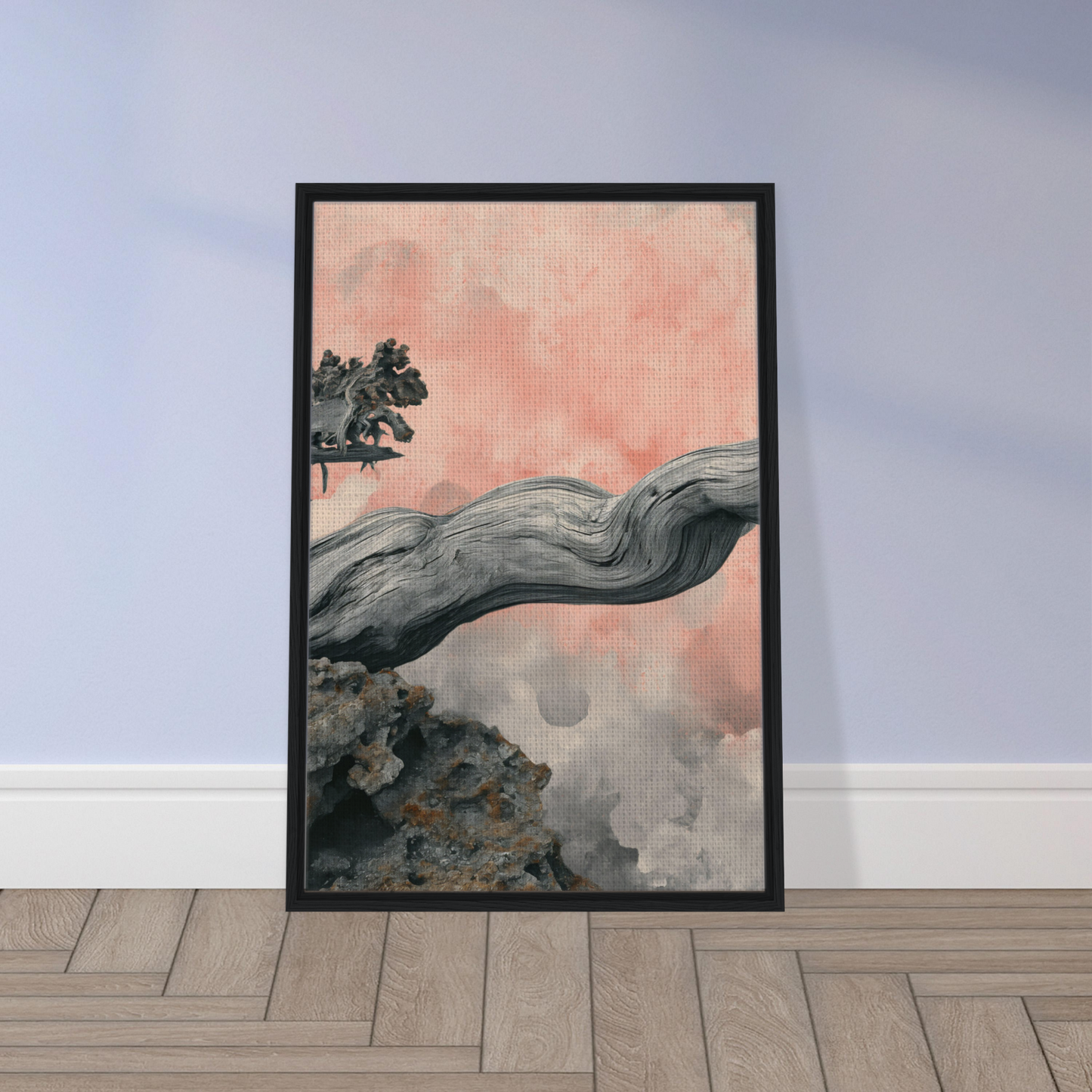 Framed artwork of a curved tree branch against a pink sky for Delicate Drift Reverie room decor