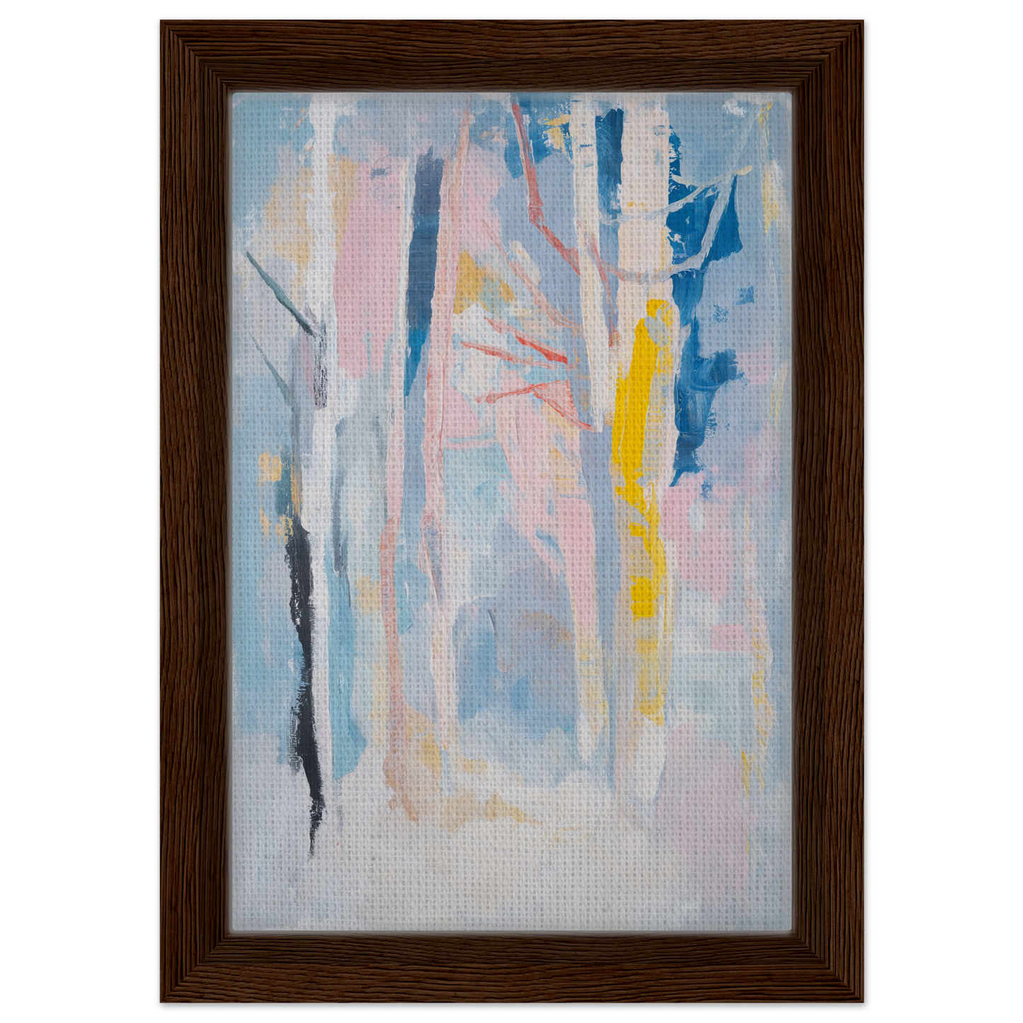 Abstract painting in Delirious Canopy Solitude framed in wood, ideal for room decor