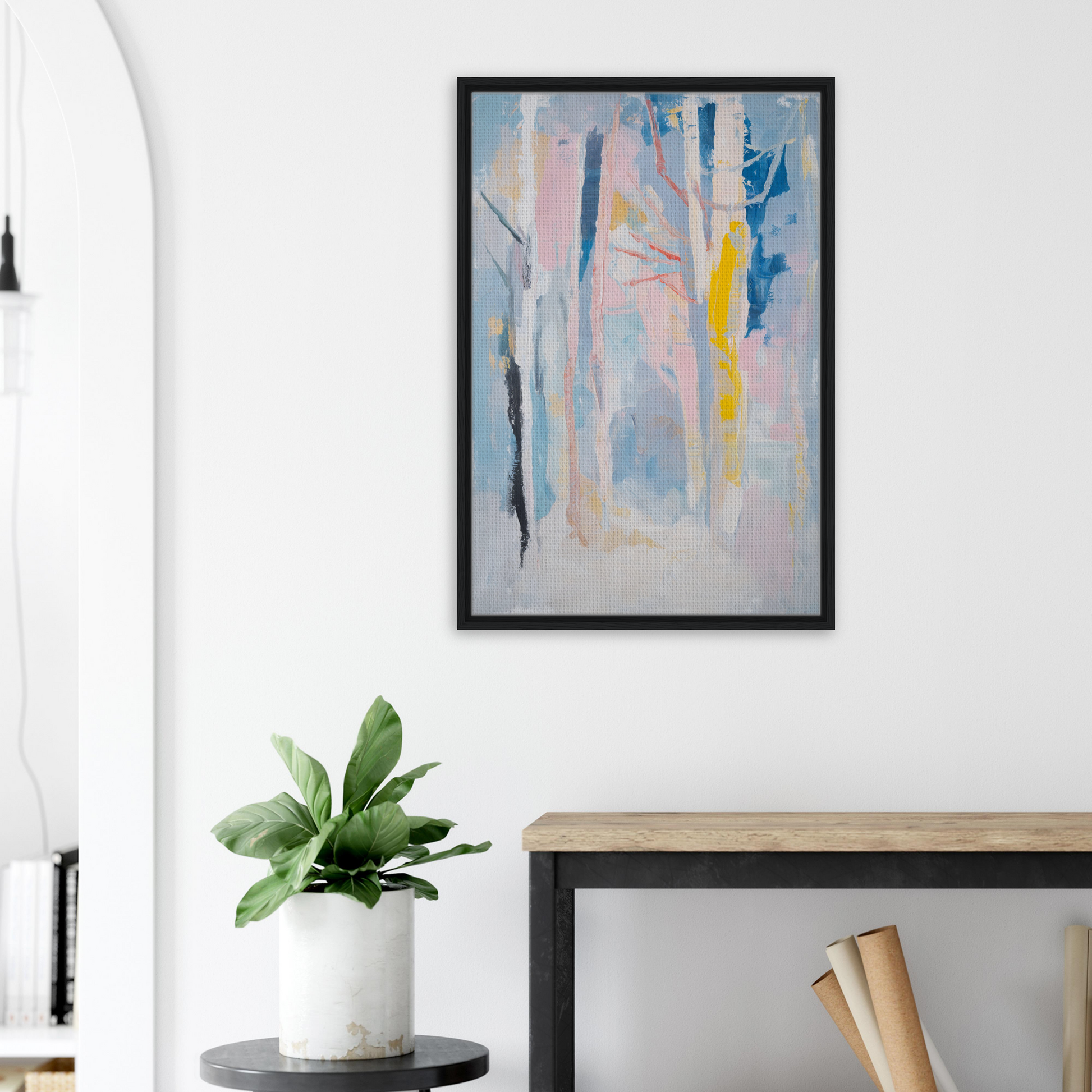 Abstract painting in pastel colors, framed canvas print titled Delirious Canopy Solitude