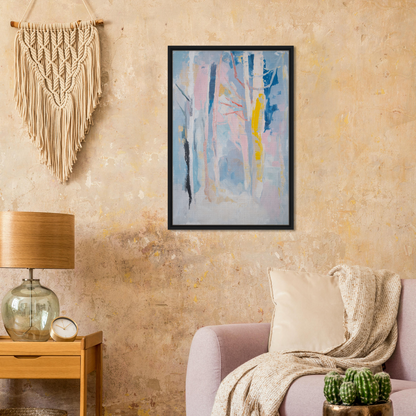 Framed abstract painting in soft blue, pink, and yellow for Delirious Canopy Solitude room decor