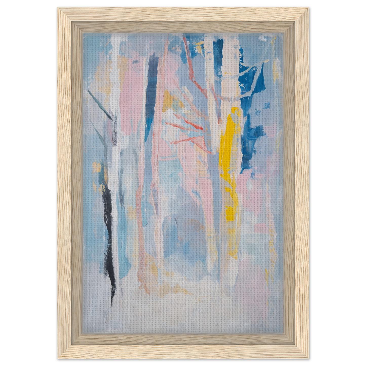 Abstract painting with vertical brushstrokes in pastel tones for Delirious Canopy Solitude