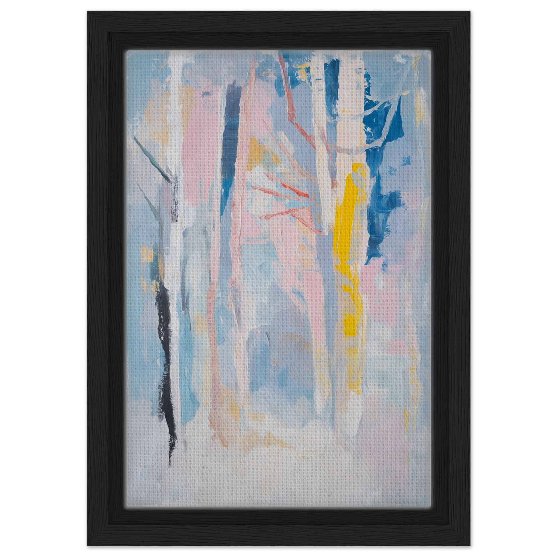 Abstract painting with vertical streaks in blue, pink, yellow, and white for Delirious Canopy Solitude framed canvas print